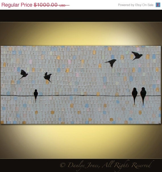 Bird painting LARGE long original acrylic on canvas birds on a wire 72x36 Custom Piece