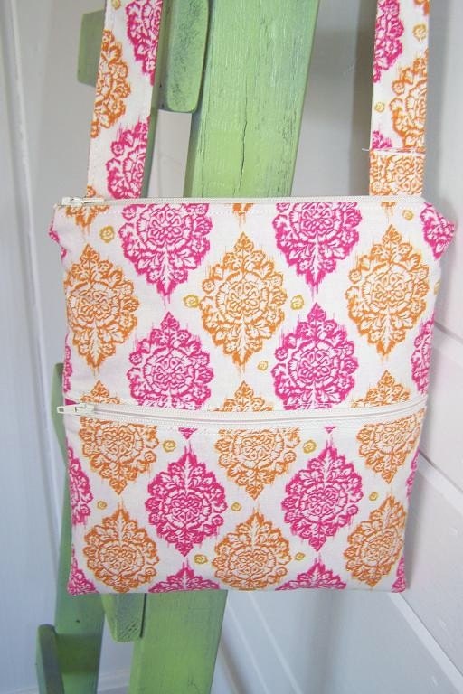 Small Hip Sling Crossbody Shoulder Messenger Bag --- Orange/Pink Damask - Adjustable Strap and Exterior Pocket