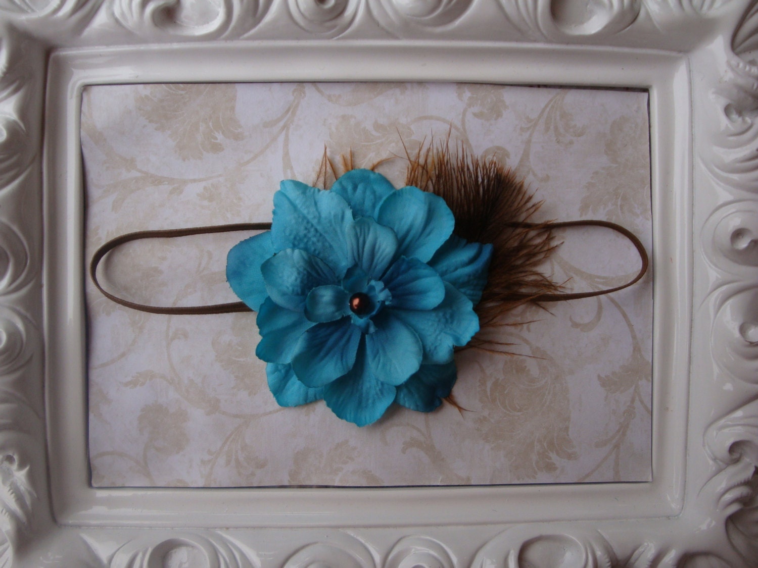 Baby Flower Headband - Newborn Headband - Flower Headband - Feather Headband - Vintage Inspired Turquoise and Brown Flower Headband