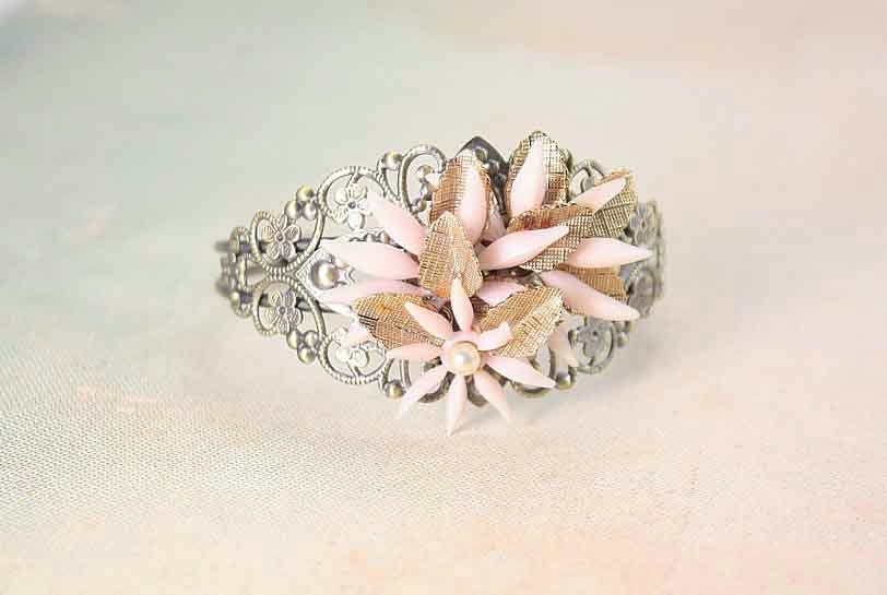 Vintage earring cuff bracelet . Recycled jewelry.  Pretty Pink Flowers.  One of a kind. Free international shipping