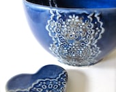 Mid Night Blue Porcelain Lace Bowl with Heart Lace Cutlery Rest Set -Hideminy Lace Series