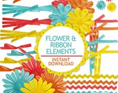 Clip Art Ribbon and Flower Realistic Elements Turquoise Red Yellow Orange (544) Il_170x135