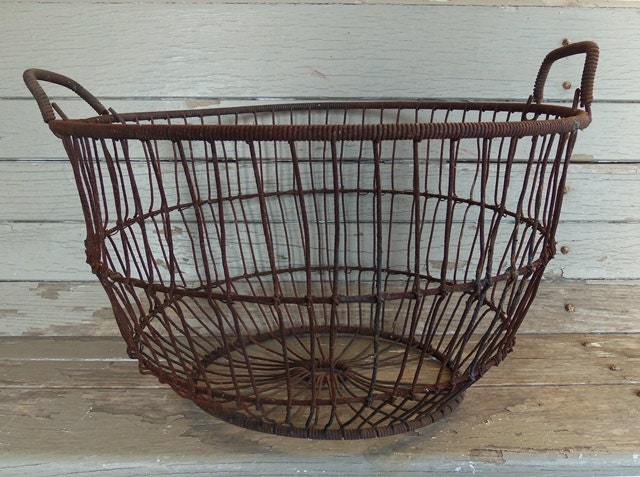 vintage  wire storage basket with handles