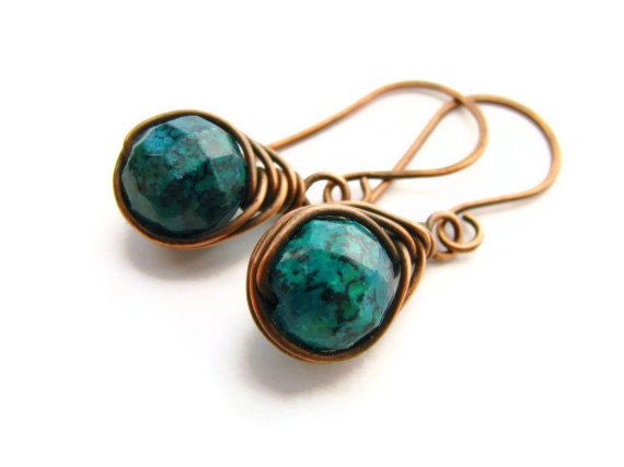Azurite Copper Earrings Wire Wrapped in Half Herringbone