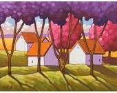 PAINTING ORIGINAL Folk Art Cottage Purple Pink Trees Green Grass Landscape Colorful Spring Abstract Fine Artwork Shadows C. Horvath 14x18