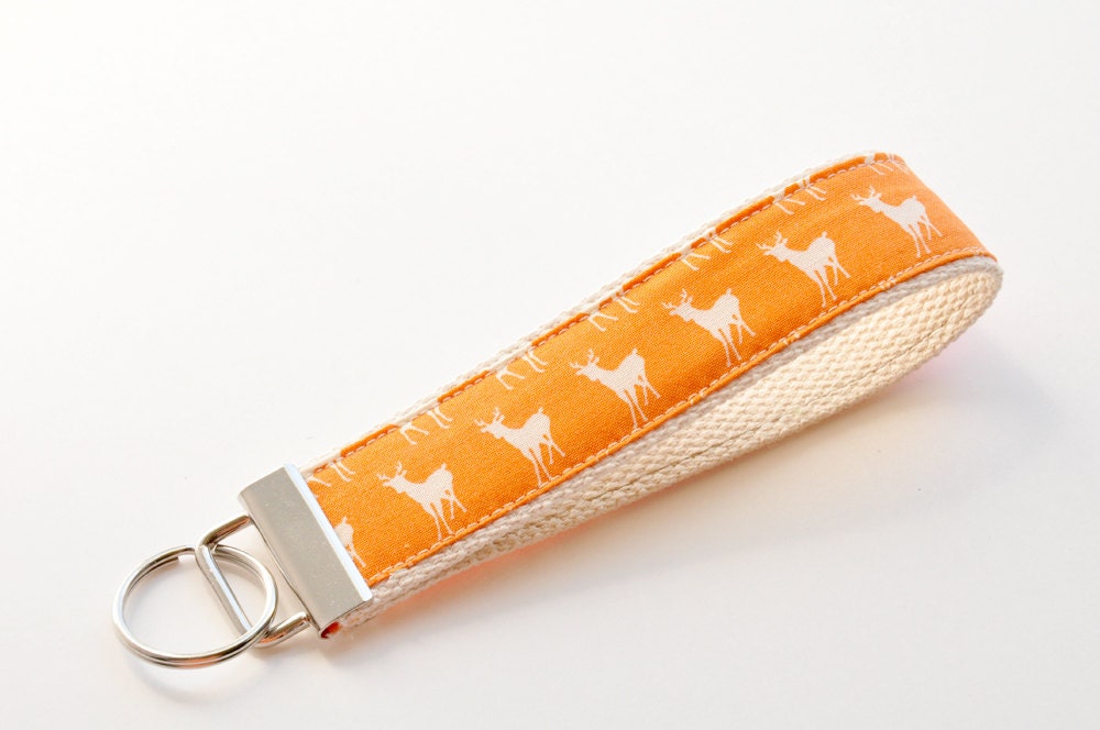 Key fob Key chain fabric wristlet - Tiny white deer on orange background