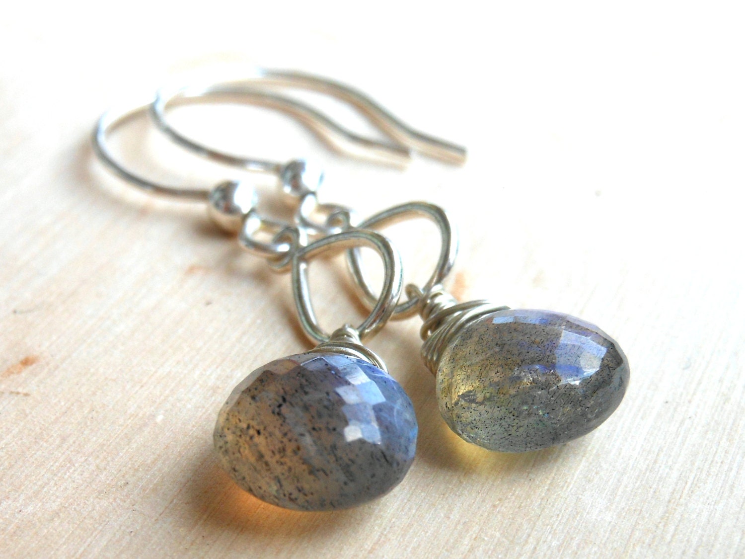 Labradorite Earrings, Sterling Silver Wire Wrapped Gemstone Earrings, Blue Flash