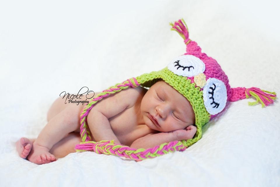 3-6 Months Sleepy Owl Hat and Matching Diaper Cover The Original Hot Pink and Green Set
