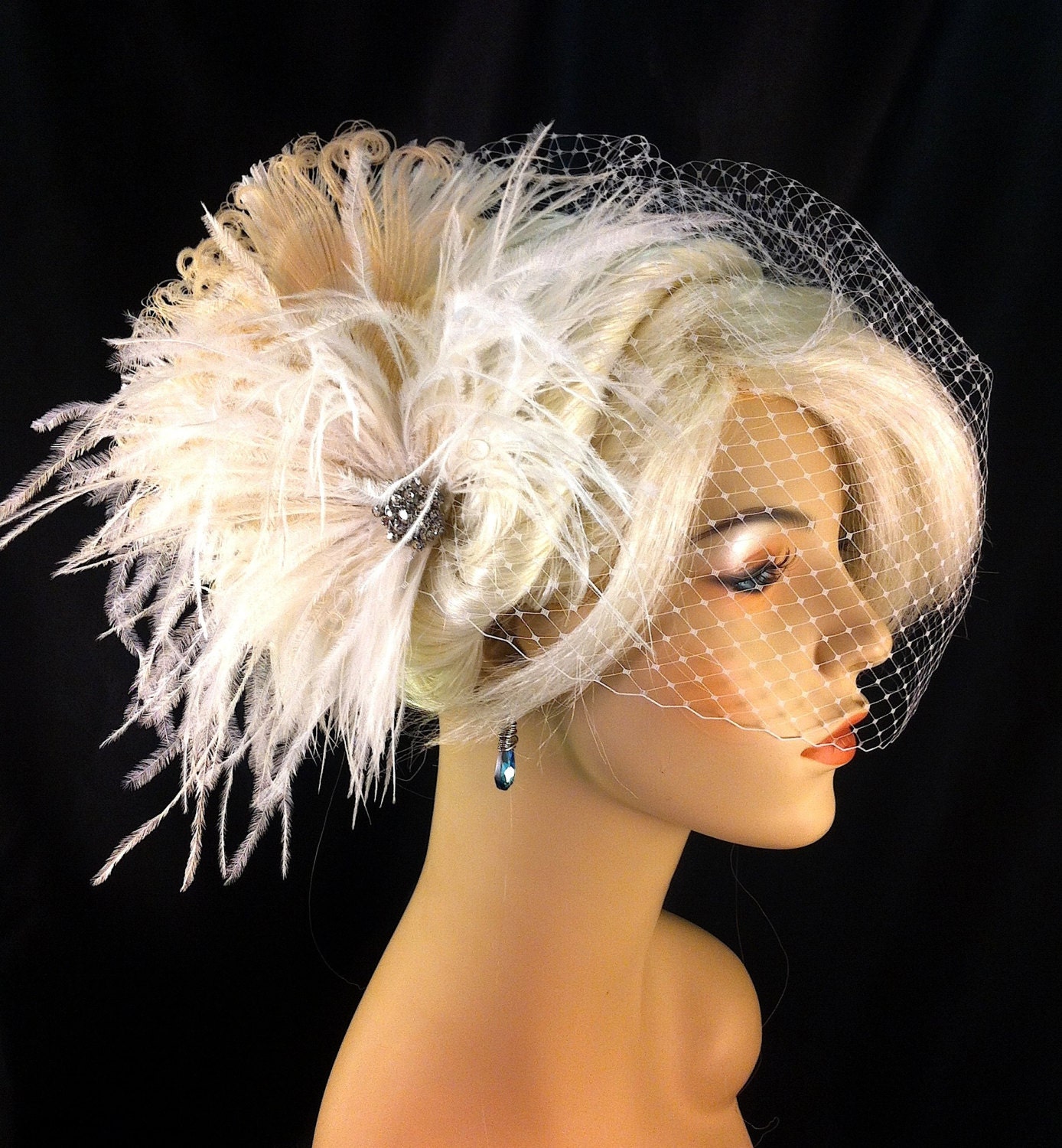 As seen in HAUTE TALK, Bridal Feather Fascinator, Bridal Fascinator, Bridal Headpiece, Bridal Hair Accessories, Birdcage Bridal Veil
