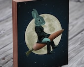 Rabbit Riding a Carrot Rocket  - Wood Block Print