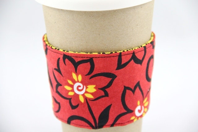 Reversible Coffee Cup Sleeve - Red Floral with Yellow - Ready to Ship