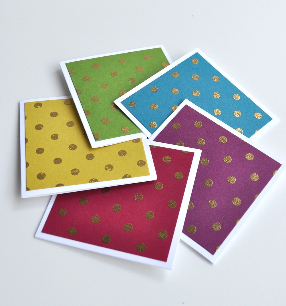 Gold Polka Dot Embossed 3" x 3" Mini Note Cards Set of 5 in Variety of Colors