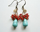 Red Coral Turquoise Earrings, Boho Turquoise Dangle, Coral Cluster, Paisley Earrings, Hammered Copper Hoops, Boho  Hoop Earrings