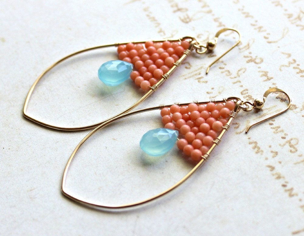 Peach Aqua Hoop Earrings, Peach Coral Earrings, Aqua Chalcedony Hoops, Gold Filled Marquise Hoops,