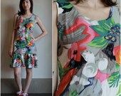 vintage 90s dress  /  drop waist dress  /  tropical floral print sleeveless multi colored day dress  / osfm