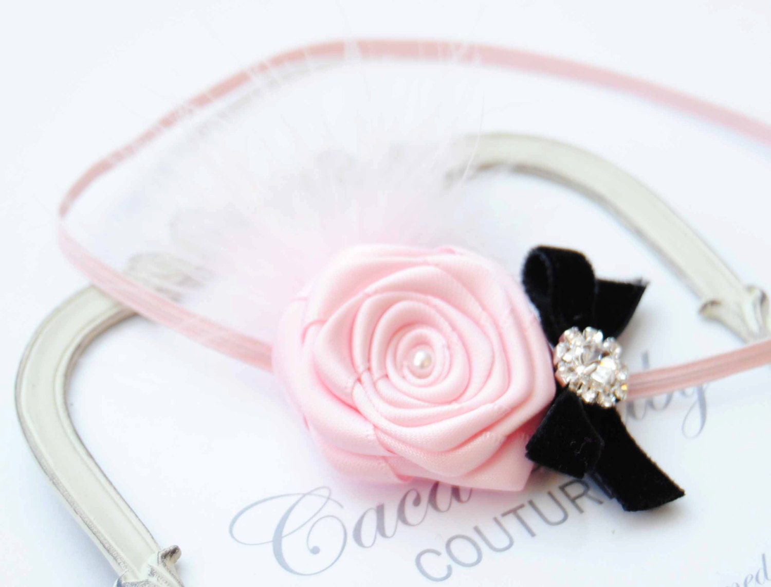 Baby Tiny Pink Headband with Feather and Velvet Bow Posh with Rhinestones