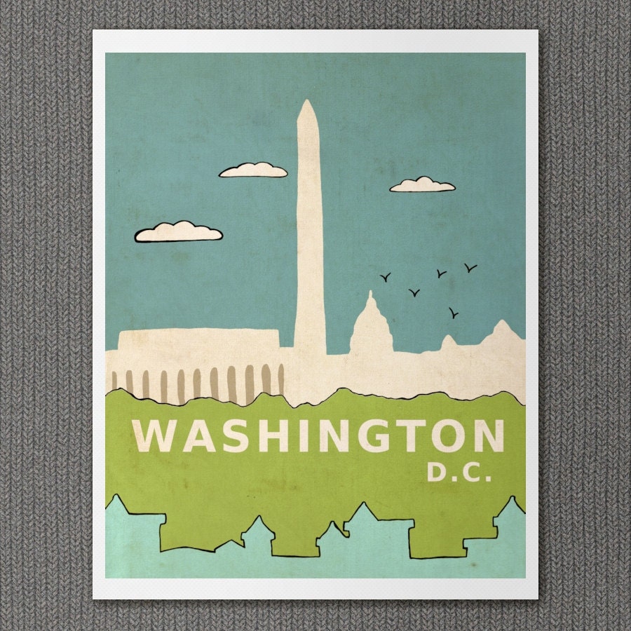 Modern Home Decor Wall Art City Skyline Poster - Washington D.C. 8x10 - Nursery Art Children Decor Travel Illustration and Typography Print