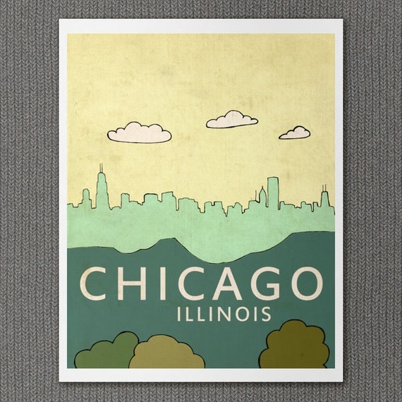 Chicago City Skyline Art Print - Chicago No.2 - Travel City Skyline Illustration and Typography Poster