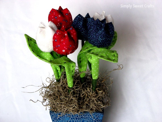 Fabric Flower Bouquet- Fabric Tulips- White, Blue and Red Tulips- Flower Arrangement- Fabric flower Centerpiece.