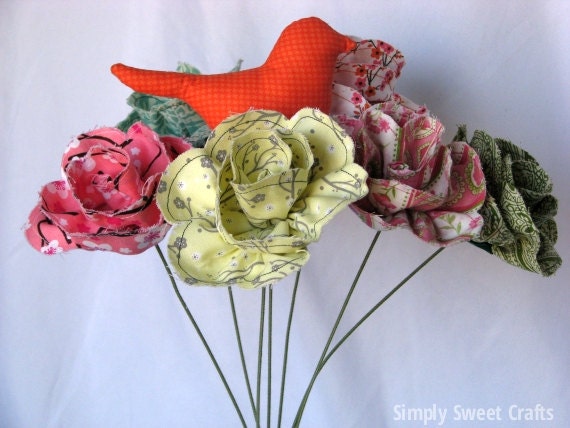 Fabric flower bouquet and fabric bird, large fabric flowers,colorful flower arrangement, yellow green orange blue pink flowers, mother's day