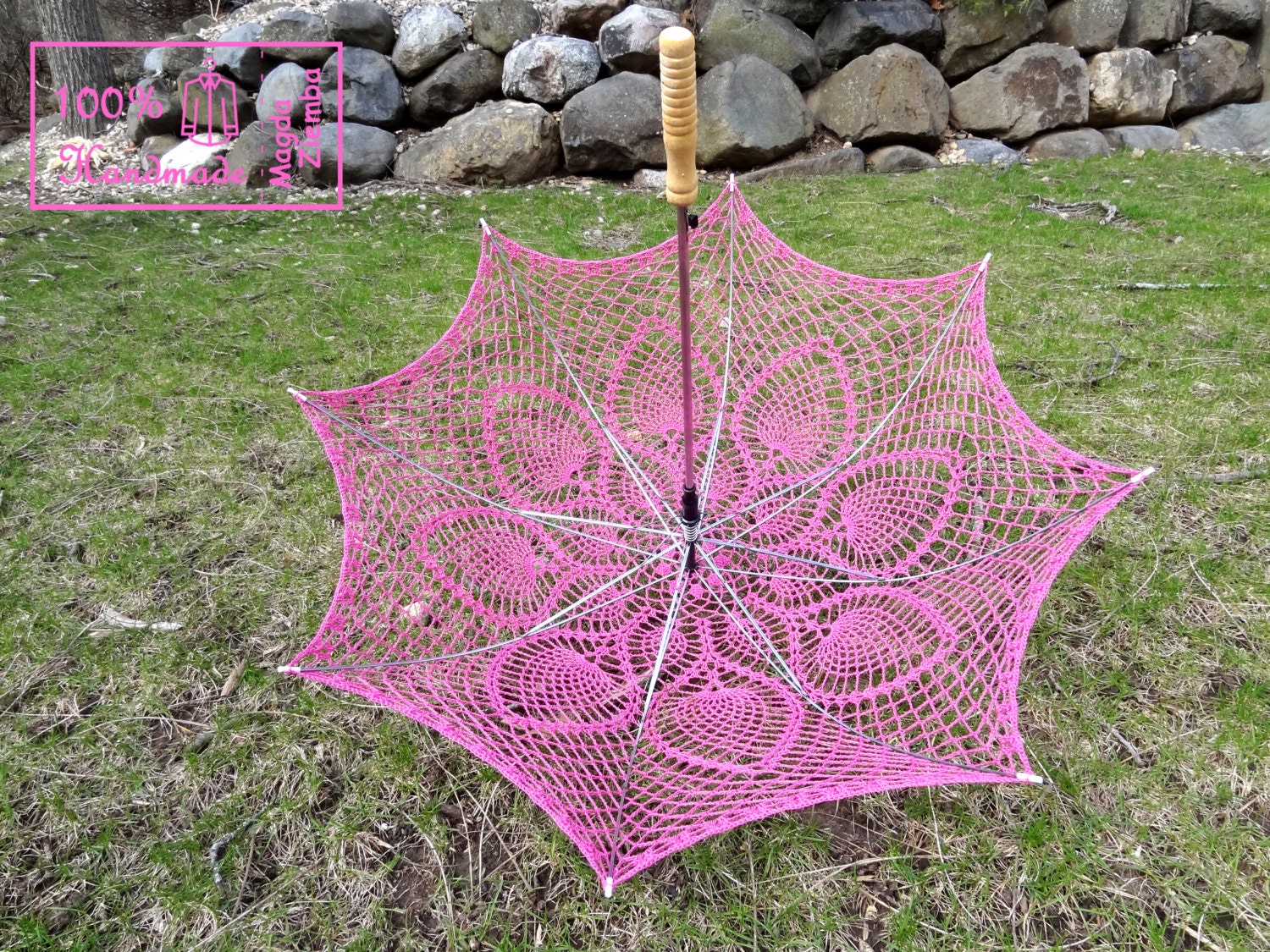 48" FUCHSIA Pink Lace Pineapple Crochet UMBRELLA PARASOL, Mothers Day Wedding, Summer Party Favor- Made to Order