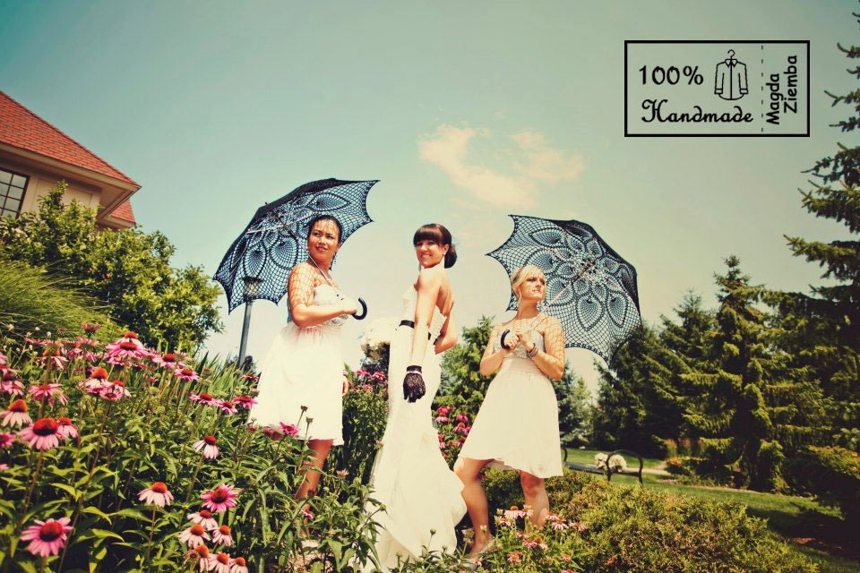 46" Wedding Black Lace Crochet UMBRELLA PARASOL, Mothers Day Wedding, Part Favor, Summer- Made to Order