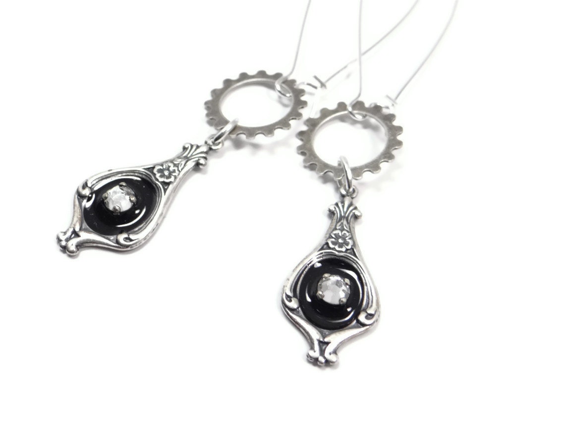 Steampunk Earrings Silver Gear and Crystal Rhinestone in Black Resin - by Dr Brassy Steampunk