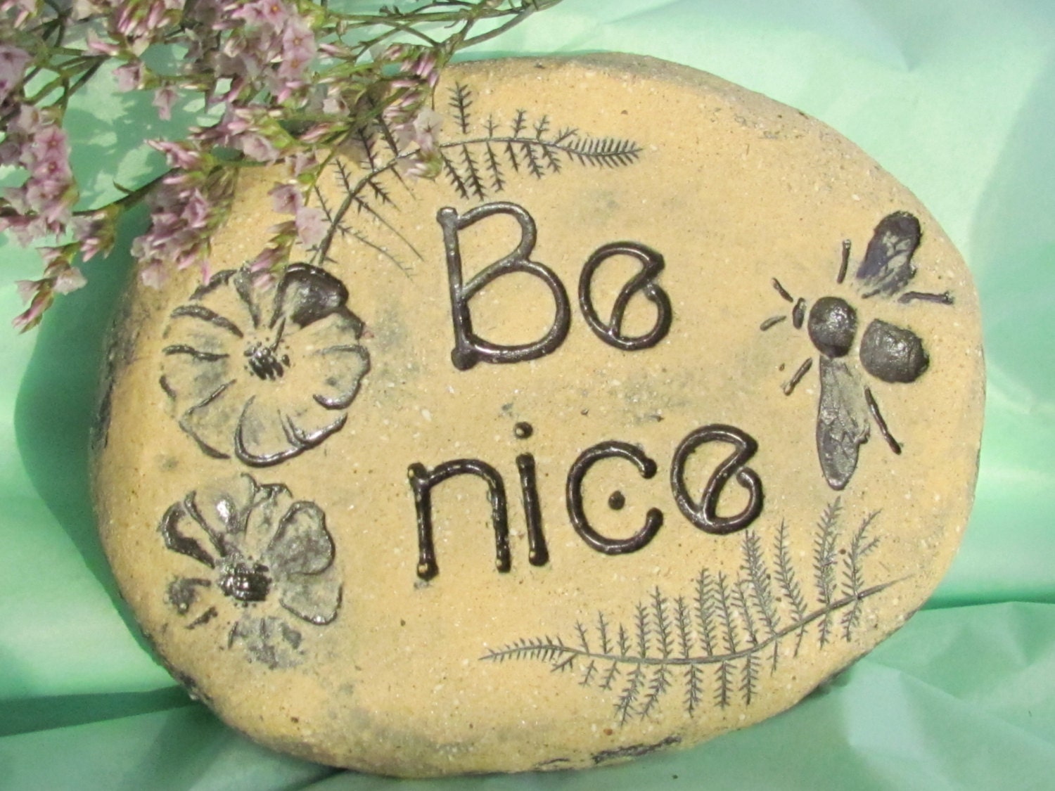 Garden marker with inspiring words Be Nice - bumble bee and flowers - Handmade ceramic sculpture