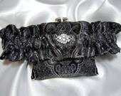 Flask Garter - Black and Silver Print Flask Garter w/ Small Crystal Brooch-  3 oz Stainless Steel Hip Flask Included - Great Gift Idea