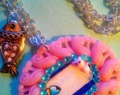 Sweet Pink Resin Cameo "Happy Thoughts" OOAK Antiqued Fish Charm and Blue Rhinestone with Kitty Necklace
