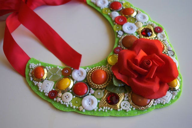 Statement Necklace, Upcycled Eco, Hand Beaded, Bib Collar, Felt Jewellery, Red Rose, Orange Lime Green, Fruit Salad