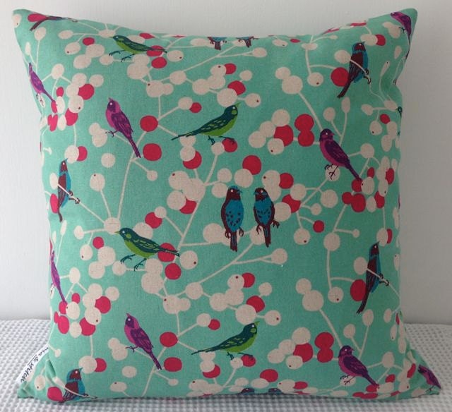 NEW Japanese fabric cushion cover in aqua background with bird and plant motif, throw pillow, decorative cushion