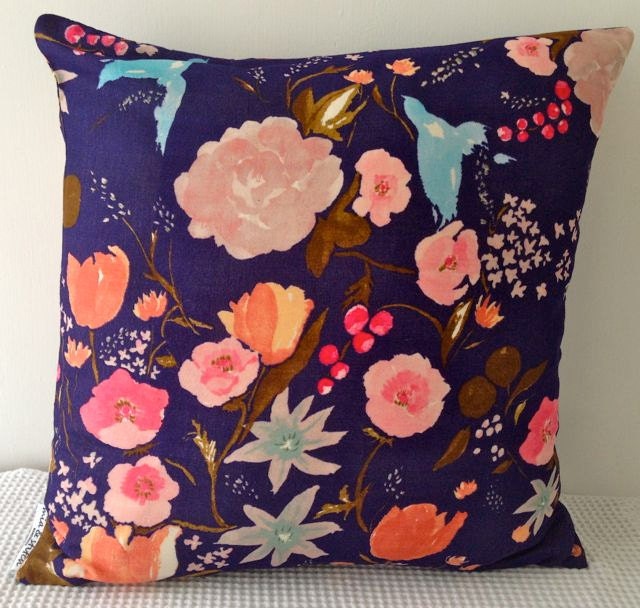 NEW Japanese fabric cushion cover in dark blue background with colourful floral motif, throw pillow, decorative cushion