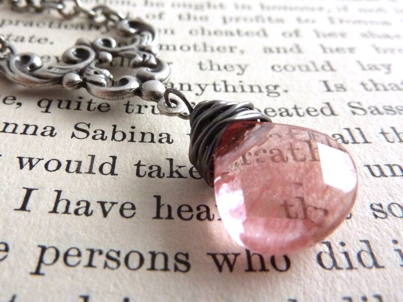Romantic Necklace Vintage Style Cherry Quartz Teardrop Silver Filigree Wedding Bridal Victorian
