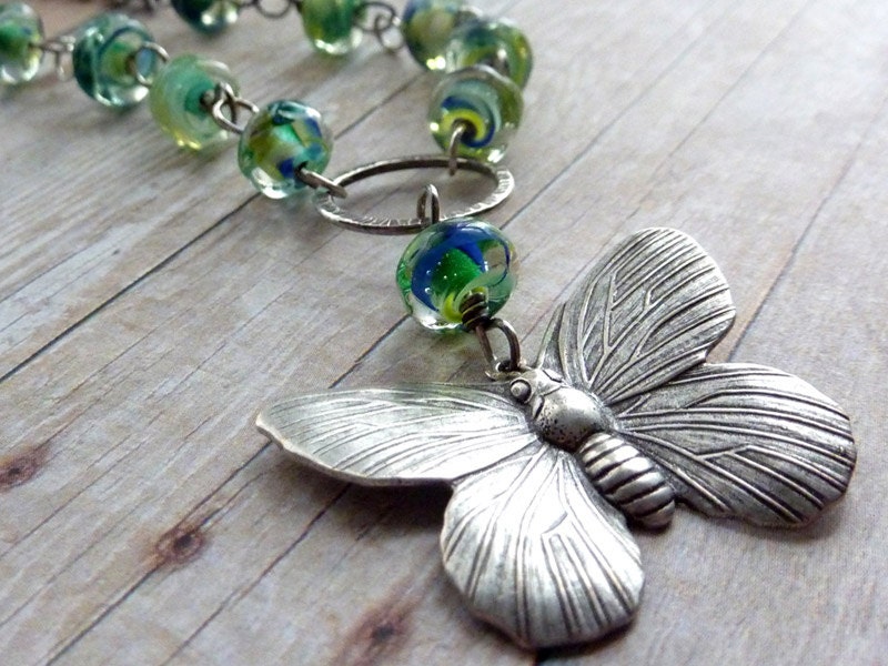 Butterfly Necklace Silver Blue Green Lampwork Beads Spring Summer Insect Whimsical Casual Nature