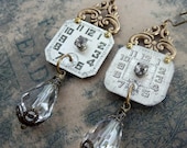 Repurposed Watch Earrings Vintage Watch Face Brass Filigree Crystal Drops Steampunk Style Upcycled