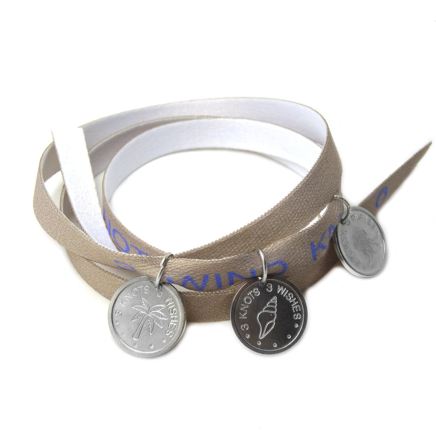 Silver wristband -  palm, shell, octopus sterling silver 925 pendants on satin ribbon