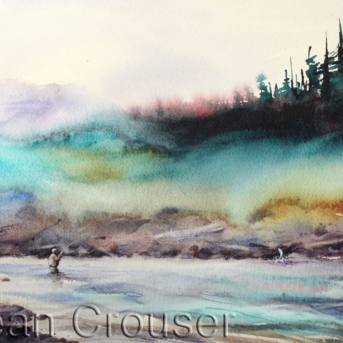 MISTY RIVER Watercolor Fishing Print by Dean Crouser