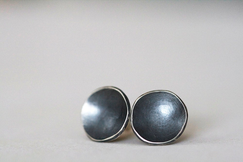 Sterling silver bowl post earrings - Silver earrings - Post earrings - Oxidized earrings - Hammered earrings