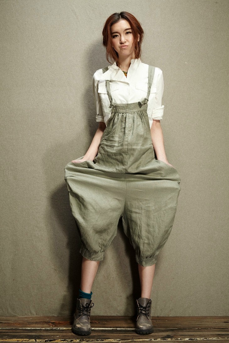 Casual Loose Fitting Linen Suspender Slacks  - Green Pants - Women Dress