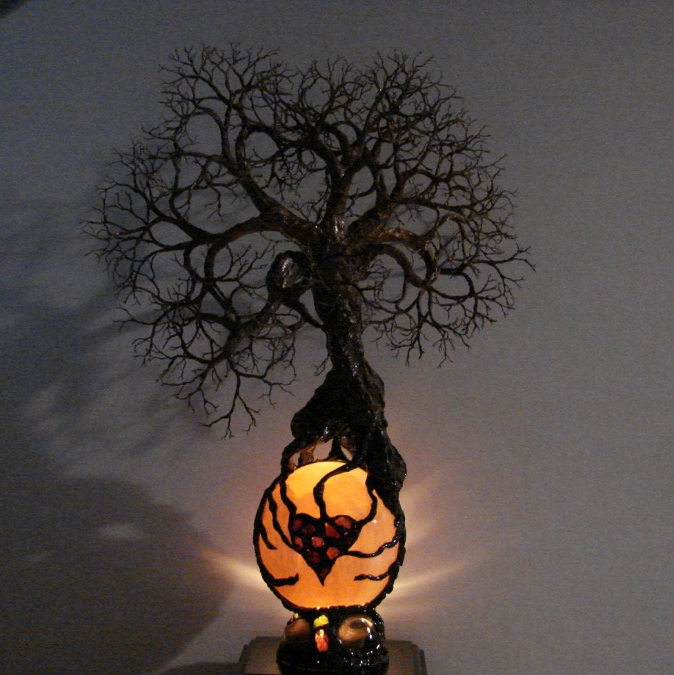 Full Moon Rising Tree Of Life Ancient Spirit sculpture Orange Selenite Sphere Garnet Heart Gemstone Wood base Lamp, Weddings, Anniversary