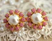 Pink Crystal with pearls post stud earrings - 14k plated gold real swarovski rhinestones.