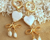 Pearls hearts and bows -  Real 14 k goldfield  earrings elegant classic style.