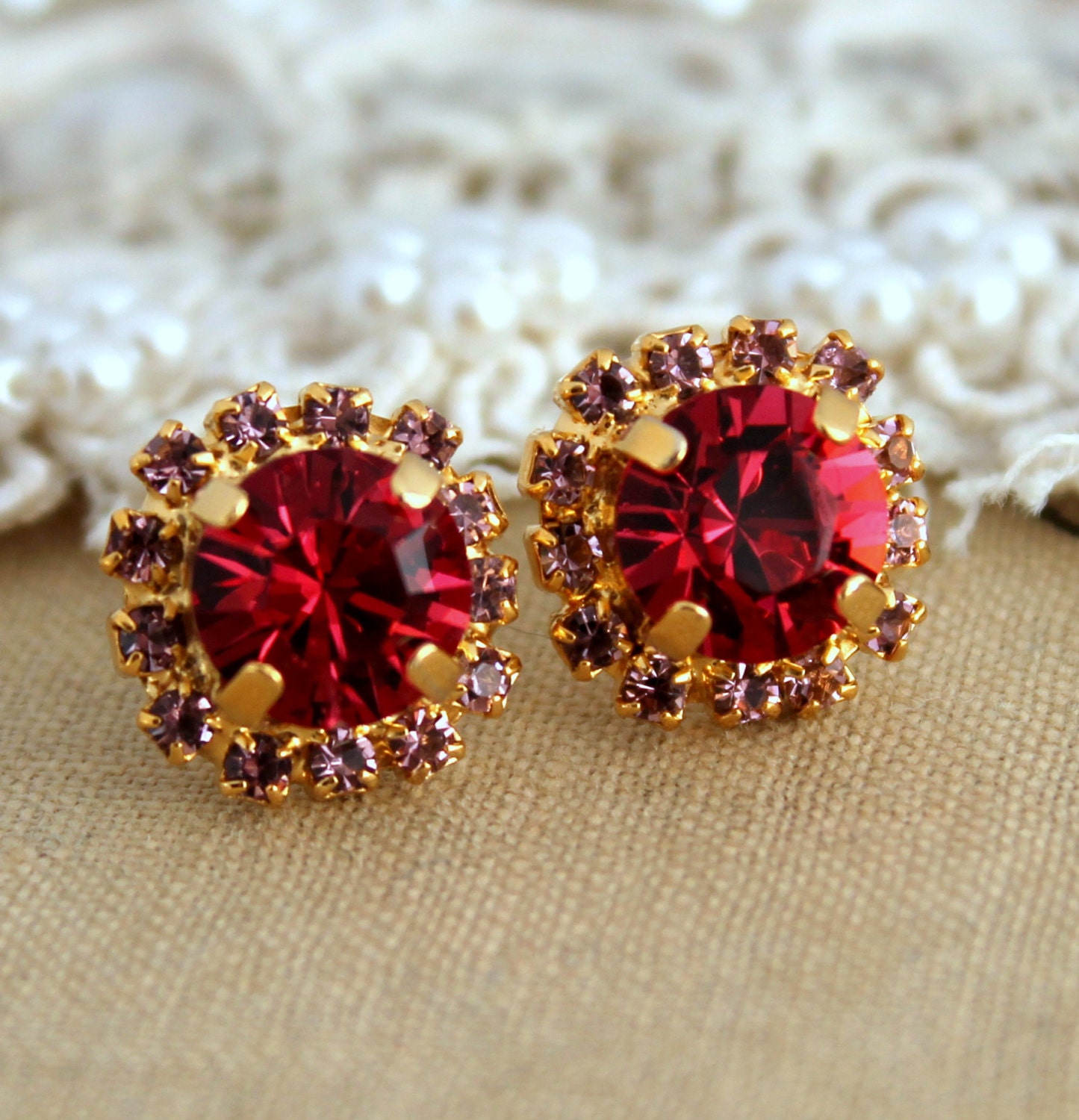Red Ruby Crystal stud classic earring - 14 k plated gold post earrings real swarovski rhinestones.