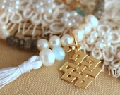 Tibetan knot infinity pearls and gems Boho Hippie chic Bracelet hand made- good luck talisman