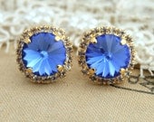 Blue Sapir color Crystal stud big earring - 14 k plated gold post earrings real swarovski rhinestones