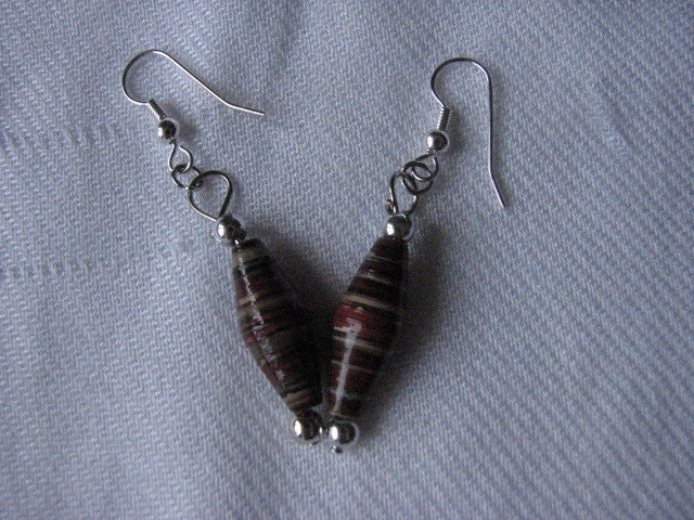 Upcycled paper bead earrings, Red Maroon White