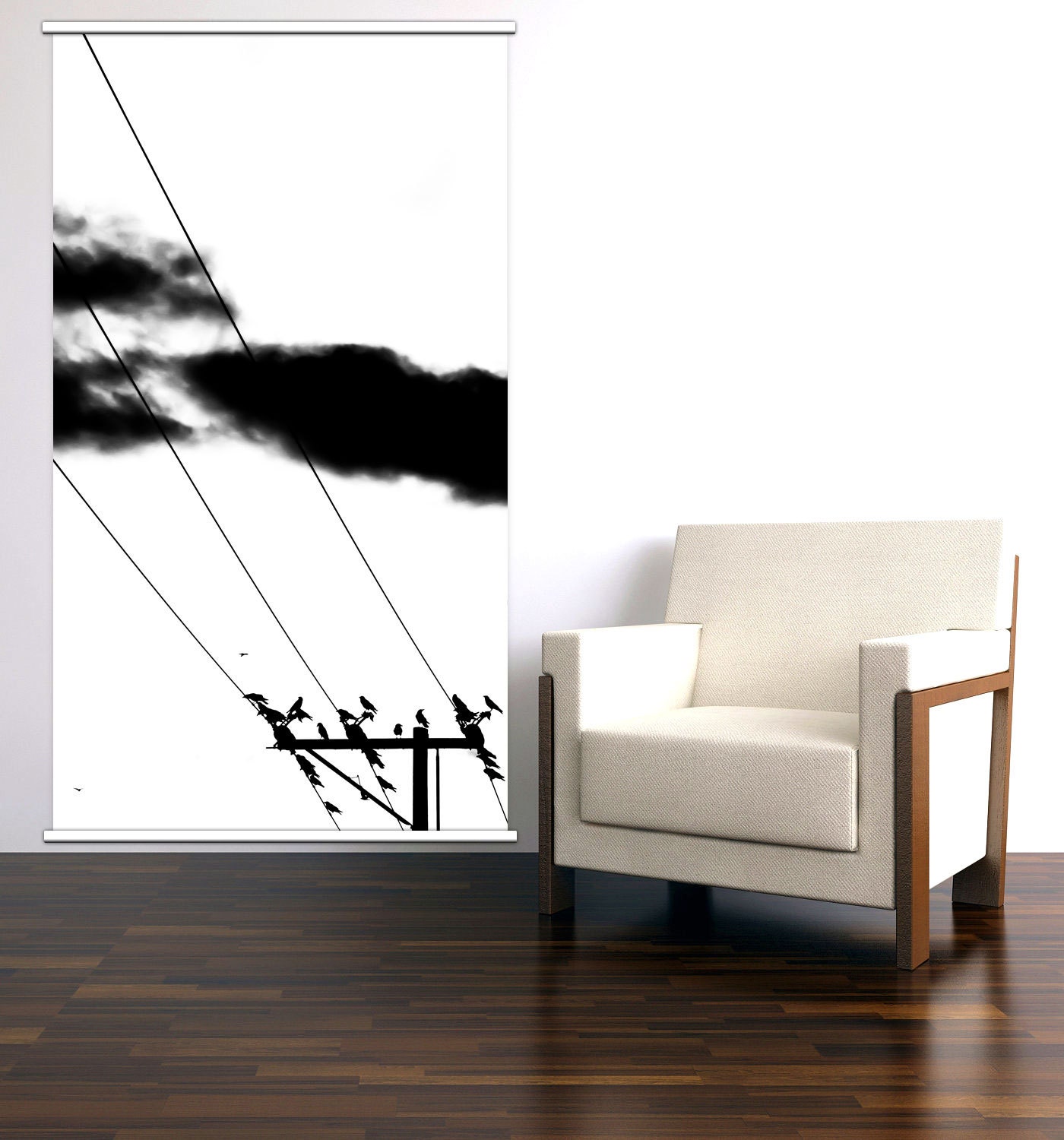 Crows on Telephone Line - Wall Decoration Silhouette  - 33x60" Ready To Hang