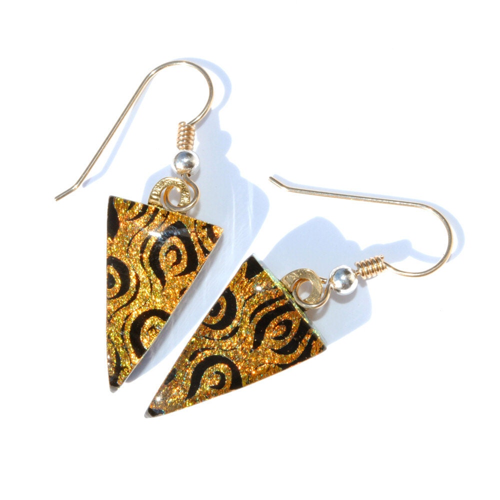 Dichroic Glass Earrings, Fused Glass Jewelry, 18K Gold Filled Wires, Autumn, Rustic, Rust, Orange, Woodland, Triangles (Item 30480-E)