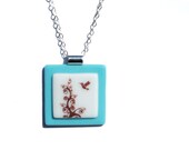 Simply Whimsical Fused Glass Pendant - Bird, Tree, Woodland, Nature, Outdoors - Sepia, Light Blue, White (Item 10559-P)